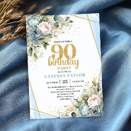 Blue Flowers Gold Glitter 90th Birthday Invitation Kaart