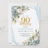Blue Flowers Gold Glitter 90th Birthday Invitation Kaart (Voorkant)