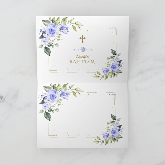 Blue Flowers Gold Glitter Cross Boy Baptisme Bedankkaart (Binnen)