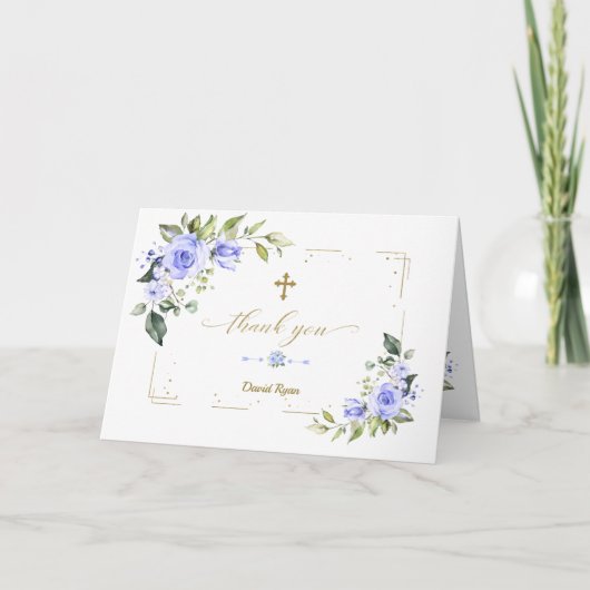 Blue Flowers Gold Glitter Cross Boy Baptisme Bedankkaart (Voorkant)