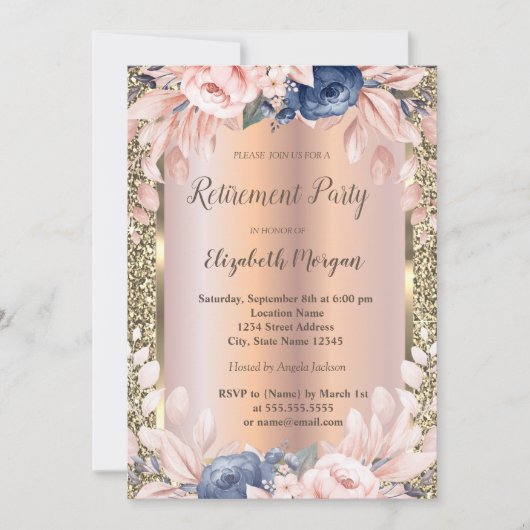 Blue Flowers Gold Glitter Roos Gold Retirement Kaart (Voorkant)