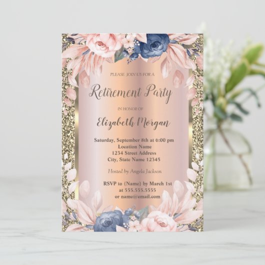 Blue Flowers Gold Glitter Roos Gold Retirement Kaart (Staand voorkant)