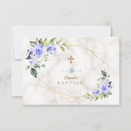 Blue Flowers Gold Lijst Cross Marble Boy Baptisme Bedankkaart (Achterkant)