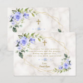 Blue Flowers Gold Lijst Cross Marble Boy Baptisme Bedankkaart (Voorkant / Achterkant)