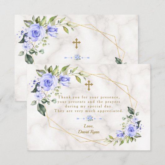 Blue Flowers Gold Lijst Cross Marble Boy Baptisme Bedankkaart (Voorkant / Achterkant)