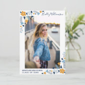  Blue Flowers Graduy Party Afstudeerder Foto Kaart (Staand voorkant)