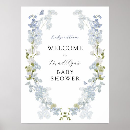 Blue Flowers Greenery Baby shower Welkomstbord Poster (Voorkant)