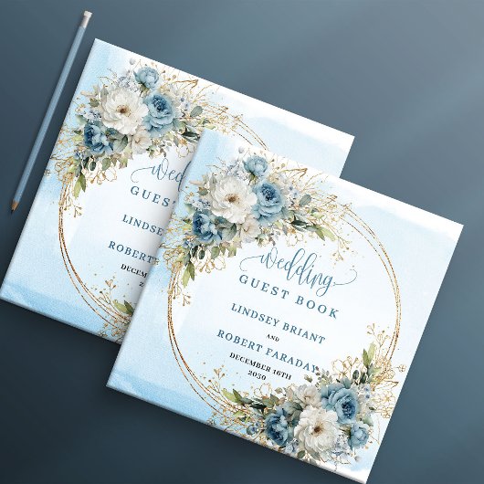 Blue Flowers Greenery Gold Wedding Guest Book Gastenboek