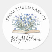 Blue Flowers Grow From Book Bookplate Sticker (Voorkant)