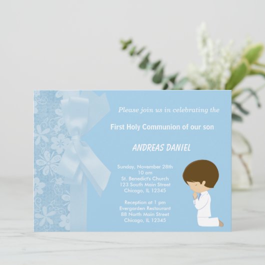 Blue Flowers Heilige Communie Kaart (Staand voorkant)