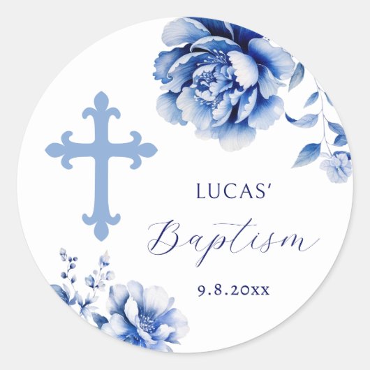 Blue Flowers Holy Cross Baptism Sticker (Voorkant)