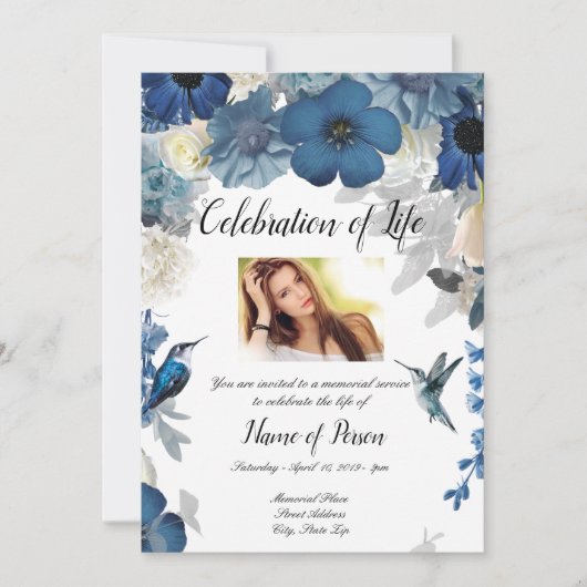 Blue Flowers Hummingbird Funeral Invitation Kaart (Voorkant)