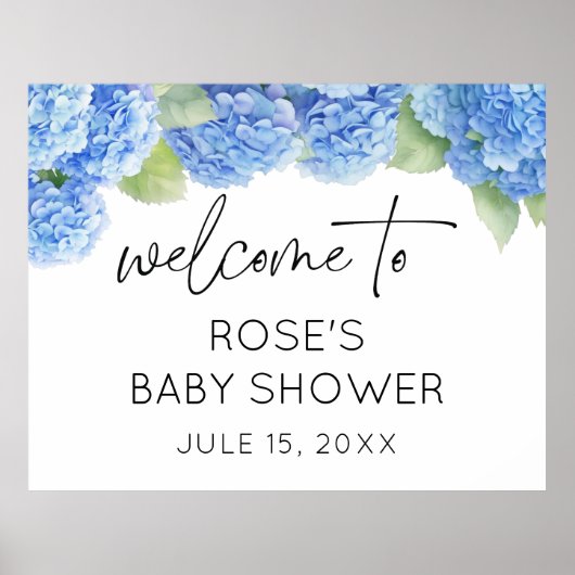 Blue Flowers Hydrangea Baby shower Welkom Poster (Voorkant)