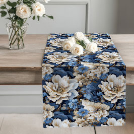 Blue Flowers Ivory Elegant Dining Table Runner Lange Tafelloper