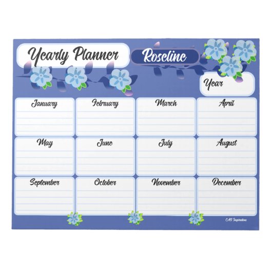 Blue Flowers Jaarlijkse Planner Notitieblok (Voorkant)