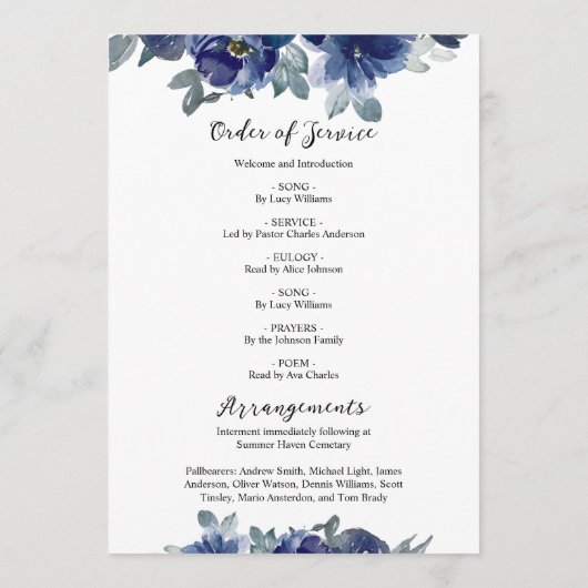 Blue Flowers Memorial Begrafenis Orde van Service Programmakaart (Achterkant)