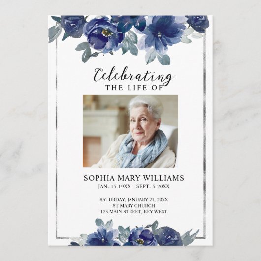 Blue Flowers Memorial Begrafenis Orde van Service Programmakaart (Voorkant)