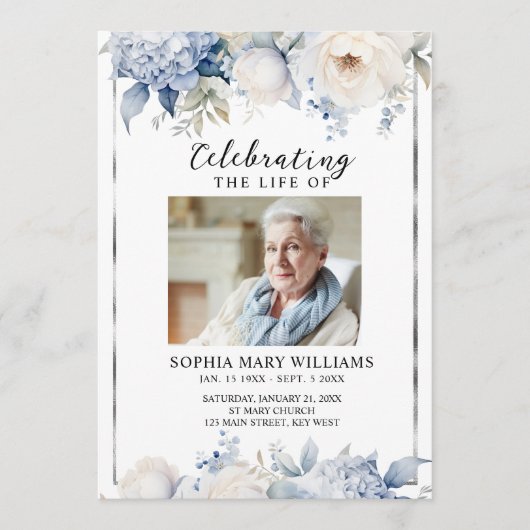 Blue Flowers Memorial Funeral Order of Service Programmakaart (Voorkant)