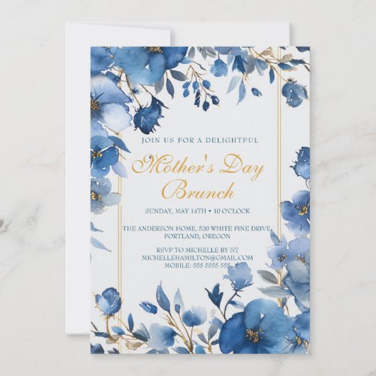 Blue Flowers Moederdag Brunch Uitnodiging (Voorkant)