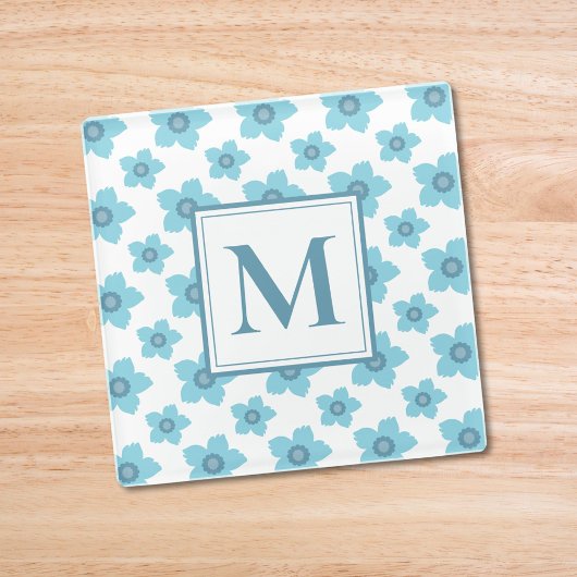Blue Flowers Monogram Initiaal Glazen Onderzetter