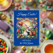 Blue Flowers Paaskonijn Glas in lood Feestdagen Kaart