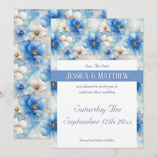 Blue Flowers Patroon Save The Date (Voorkant / Achterkant)