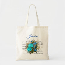 Blue Flowers Personalized Name Canvas tas