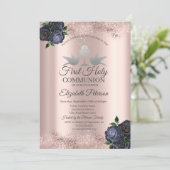 Blue Flowers Roos Gold First Heilige Communie Kaart (Staand voorkant)