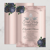 Blue Flowers Roos Gold First Heilige Communie Kaart (Voorkant / Achterkant)