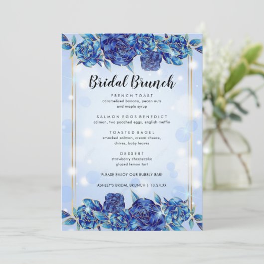 Blue Flowers Sparkly Elegant Bridal Brunch Menu (Staand voorkant)