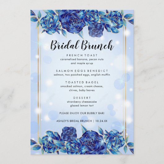 Blue Flowers Sparkly Elegant Bridal Brunch Menu (Voorkant)
