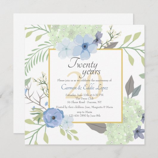 Blue Flowers Square uitnodiging (Voorkant / Achterkant)