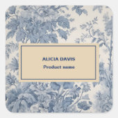 Blue Flowers Toile de Jouy jouw naam Vierkante Sticker (Voorkant)