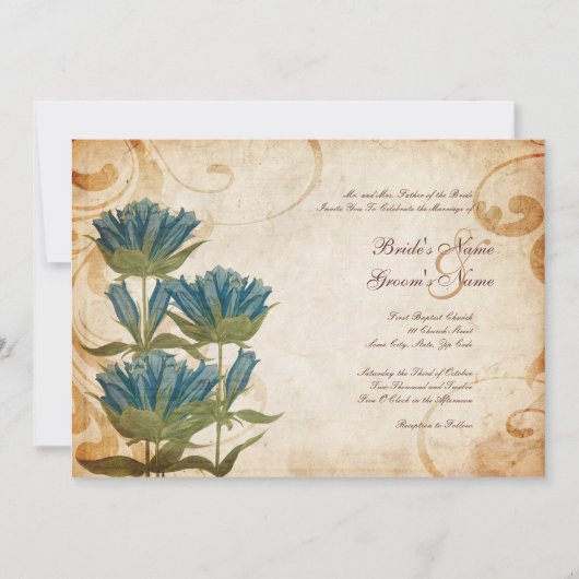Blue Flowers Vintage Wedding Invitting Kaart (Voorkant)