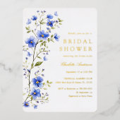 Blue Flowers Vrijgezellenfeest Gold Folie Uitnodiging (Voorkant)
