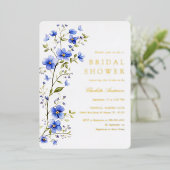 Blue Flowers Vrijgezellenfeest Gold Folie Uitnodiging (Staand Voorkant)