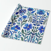 Blue Flowers Waterverf Kunstpatroon Cadeaupapier (Uitgerold)