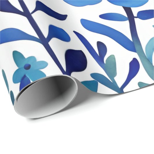 Blue Flowers Waterverf Kunstpatroon Cadeaupapier (Rol Hoek)