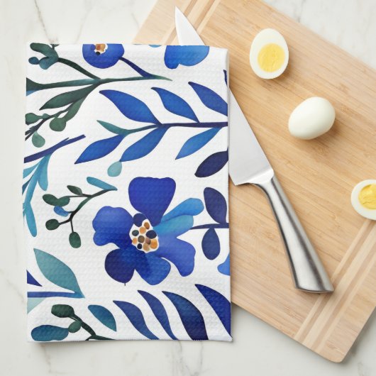 Blue Flowers Waterverf Kunstpatroon Theedoek (Quarter Fold)