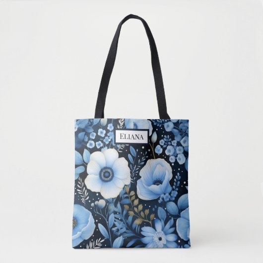 Blue Flowers Waterverf met jouw naam | Tote Bag (Voorkant)