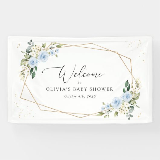 Blue Flowers, White Flowers, Baby Shower Welcome Spandoek (Horizontaal)