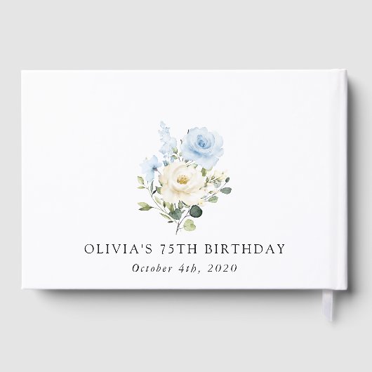 Blue Flowers, White Flowers, Greenery, Birthday Gastenboek (Achterkant)