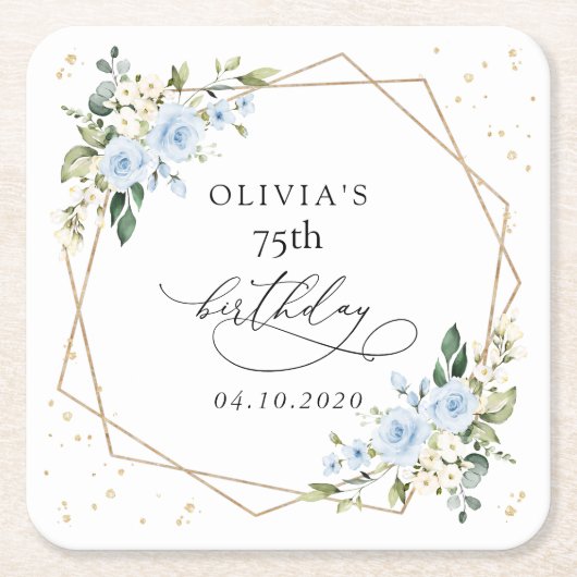 Blue Flowers, White Flowers, Greenery, Birthday Kartonnen Onderzetters (Voorkant)