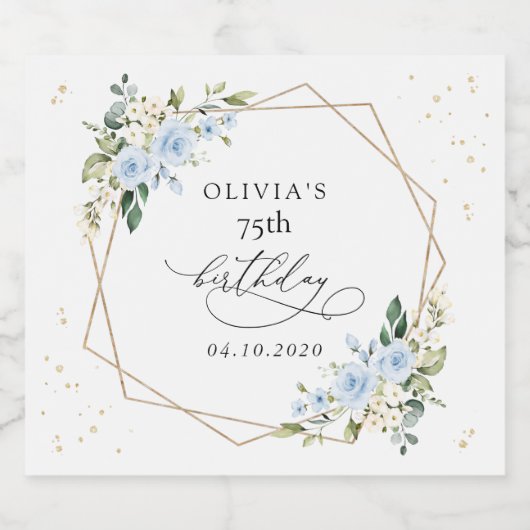 Blue Flowers, White Flowers, Greenery, Birthday Sparkling Wijnetiket (Enkel label)