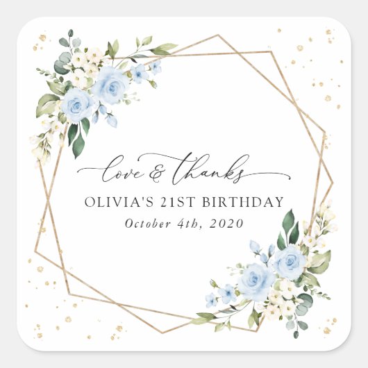 Blue Flowers, White Flowers, Greenery, Birthday Vierkante Sticker (Voorkant)