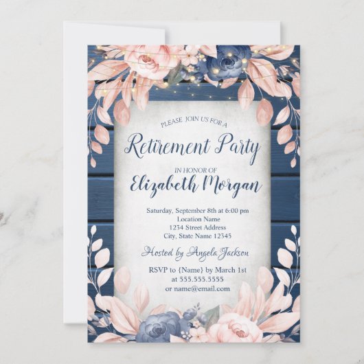 Blue Flowers Wood Retirement Party Kaart (Voorkant)
