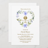 Blue Flowers Wreath Boy First Heilige Communie Kaart (Voorkant / Achterkant)