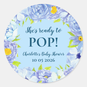 Blue Flowers Ze is klaar om Pop Baby shower Label