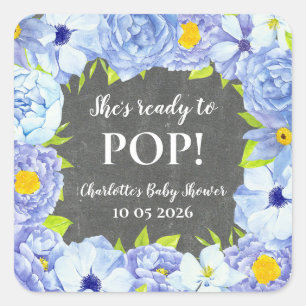 Blue Flowers Ze is klaar om Pop Baby shower Label