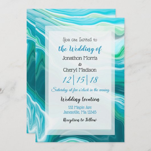 Blue Fluid Art Wedding Kaart (Voorkant / Achterkant)